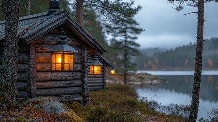Secluded Cabins by the Lake: A Serene Escape in the Forest.  Tranquil landscape photography, perfect for nature lovers and travel enthusiasts.