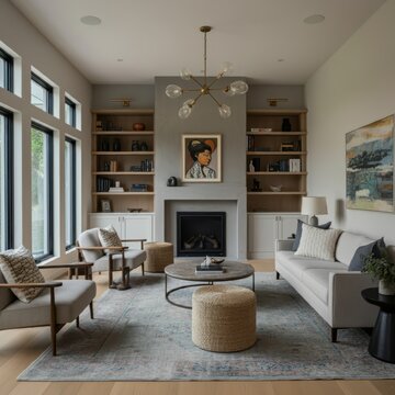 Living room interior, modern coastal design, symmetrical layout, built-in bookshelves, fireplace, large windows, neutral color palette, circular coffee table, pendant light fixture, area rug, artwork,