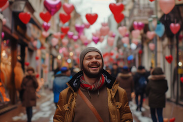 Fototapeta premium Happy Single Man Proudly Walking Down a Romantic Street on Singles Day Surrounded by Valentine's Decorations