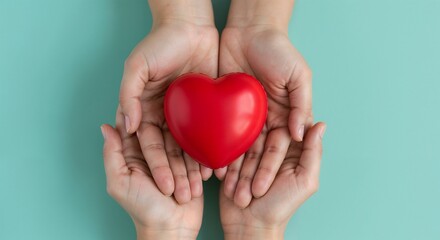 Obraz premium Multiple hands gathered together holding a red heart, symbolizing unity, care, and love among individuals, set against a soft teal background.