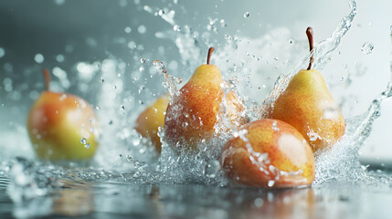 Apples and pears mid-flight, engulfed in icy water splashes in a wintry theme
