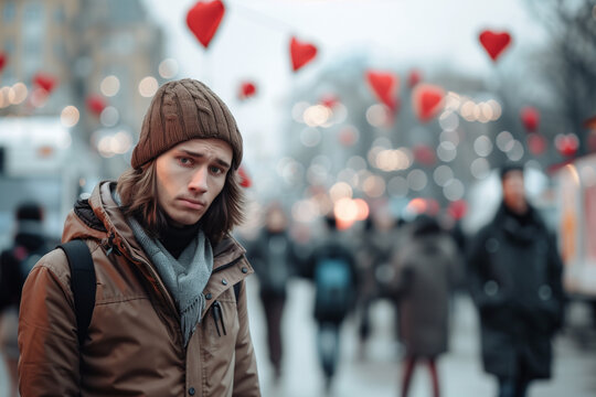 Sad Single Man Walking Through Romantic Streets Full of Couples on Singles Day Feeling Lonely and Jealous