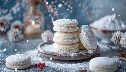 A stack of white macarons dusted with powdered sugar on a white plate with a blue and white background.