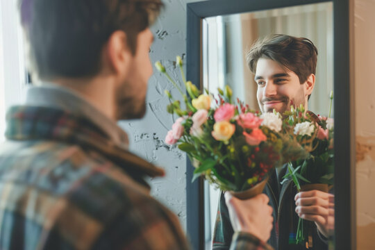 Giving Flowers to Himself in a Mirror Smiling with Confidence and Self-Love on Singles Day Celebrations