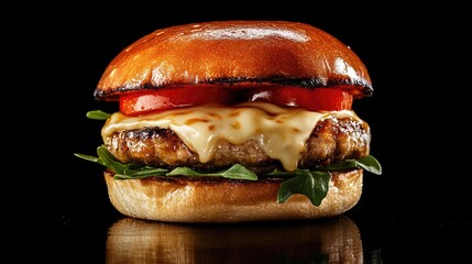 A vibrant close-up of a turkey burger with melted gouda, fresh tomatoes, and a zesty aioli on a toasted brioche bun