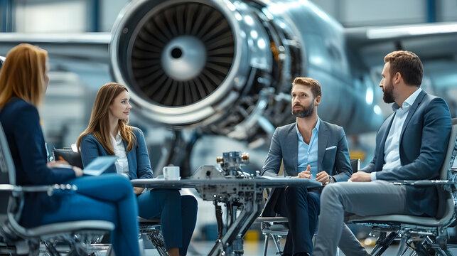 Business team meeting in aircraft hangar.