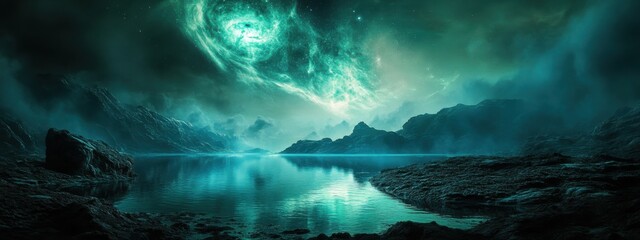 Naklejka premium An exceptional view of a remote celestial lake on an alien planet with bioluminescent algae and a swirling nebula overhead, Celestial lake scene, Bioluminescent algae style
