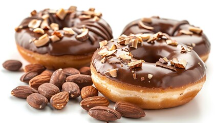 Three chocolate glazed donuts with almond toppings and scattered almonds on white background.
