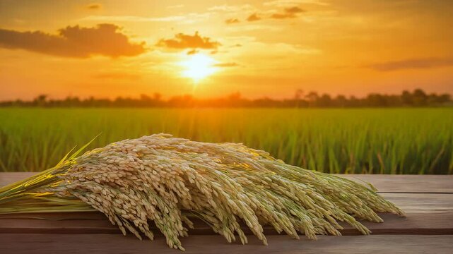A picturesque scene of rice  branches and paddy rice set against a lush background of thriving rice plants field.