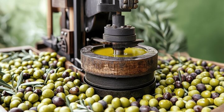 Traditional Olive Oil Extraction Process with Vintage Press in Rustic Setting Surrounded by Fresh Green and Black Olives for Organic Culinary Delight