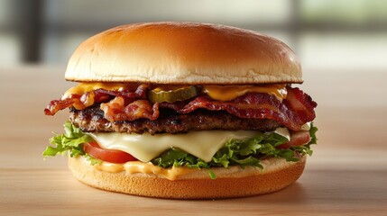 A detailed shot of a premium burger featuring crispy bacon, melted Swiss cheese, and fresh vegetables on a brioche bun