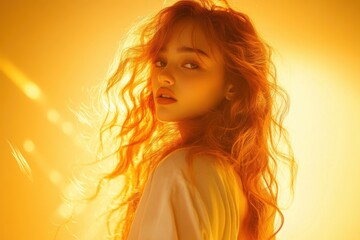 Young woman with curly red hair radiates warmth against a soft yellow background