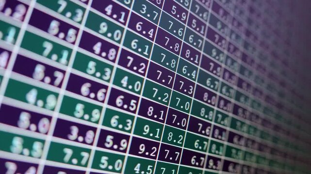 Spreadsheet table columns and rows filled with numbers. Camera shot of a computer screen monitor.
