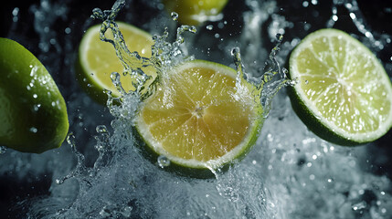 Lemon and lime slices flying with cold water splashing in a refreshing motion