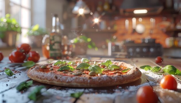 A freshly baked pizza with basil, tomato, and olive toppings sits on a wooden table in a rustic kitchen. - Powered by Adobe