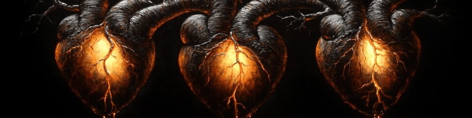 Obraz premium Intricate Glowing Heart Artistry in Dark Background | Futuristic Organic Design | Mysterious Illuminated Heart Forms for Unique Digital Decoration
