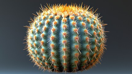 Close-up of a spherical cactus with vibrant green and orange spines against a gray background.