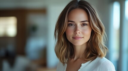 Fototapeta premium Portrait of an attractive woman with shoulder-length brown hair, wearing casual attire and looking directly at the camera in a frontal view.