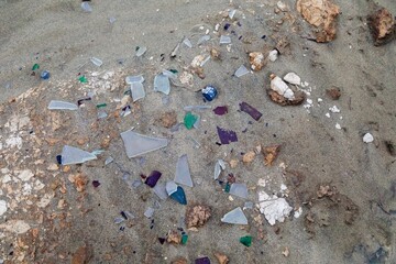 Broken glass litter the sand, a testament to discarded waste. Environmental pollution. POUTO PENINSULA, POUTO, NORTHLAND, NEW ZEALAND