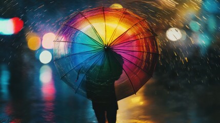 Silhouette person with colorful umbrella in rainy city at night.