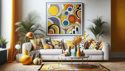 Modern living room, colorful abstract art, white sofa, yellow cushions, geometric coffee table, potted plants, gray wall, wooden floor, vibrant rug, minimalist decor, mid-century modern style, balance