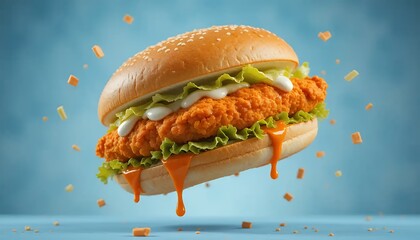 High-Detail Close-up of a Crispy Chicken Burger in Mid-Air, Isolated on Blue Background. The burger appears incredibly juicy and appetizing, with crumbs and sauce in mid-air, showcasing its delicious