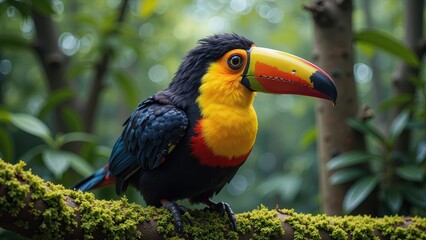 Fototapeta premium A vibrant toucan perches on a lush, emerald-green branch, its striking beak a kaleidoscope of bright yellow, fiery red, and sleek black hues, set against a soft focus background
