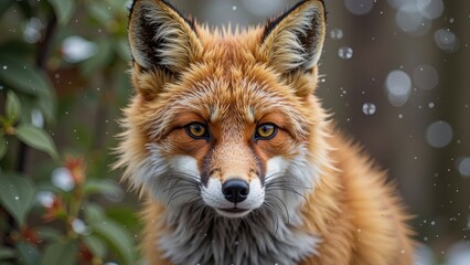 Fototapeta premium A vibrant red fox gazing straight ahead, its sleek orange and white fur framing bright yellow eyes, set off by a touch of glossy black around the nose and eyes in sharp focus against a soft, blurred b