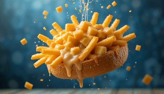 High-detailed and realistic image of poutine in mid-air, showcasing crispy french fries, creamy cheese curds, and rich gravy, isolated against a dark blue background. The dynamic composition and sharp