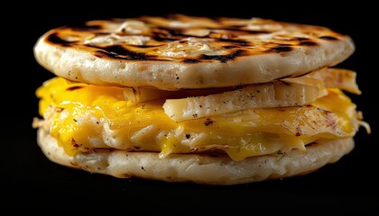 A grilled flatbread sandwich with melted cheese and sauteed onions on a black background.