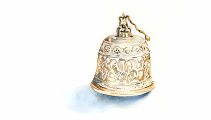 Ornate golden bell watercolor, Asian style, white background, spiritual decor