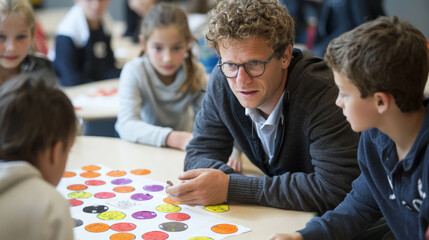 Engaged teacher guiding students in educational game activities