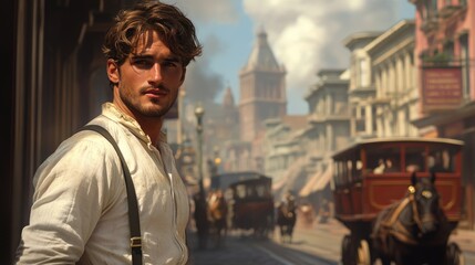 Man 19th century , San Francisco , historical figure, vintage style, classic persona, period fashion, urban symbol, late 1800s, city hero, timeless representation, cultural icon.