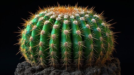Close-up of a vibrant green spherical cactus with numerous spines against a black background.