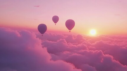 Fototapeta premium Three hot air balloons soar above a field of pink clouds at sunset.