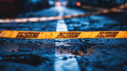 Obraz premium Yellow caution tape across a damaged road at night.