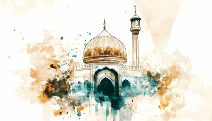 Mosque watercolor painting, city background, religious art