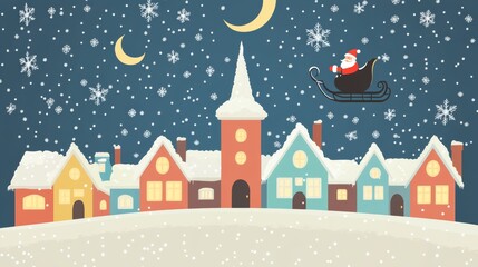 A row of cozy, colorful houses with smoke coming out of their chimneys and the silhouette of Santa Claus flying in his sleigh against the background of a snowy night sky, with moonlight shining throug