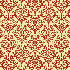 Red damask seamless pattern on cream background with bold baroque scroll motifs. Perfect for festive décor, wallpaper, fabric, and vintage design.