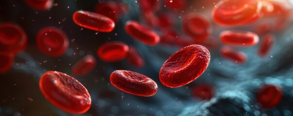 Microscopic visualization of red blood cells flowing through a vein, showcasing their vibrant color and intricate details in a dynamic biological environment