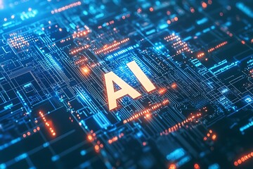 Obraz premium Digital representation of AI with glowing circuits and data patterns in a futuristic design.