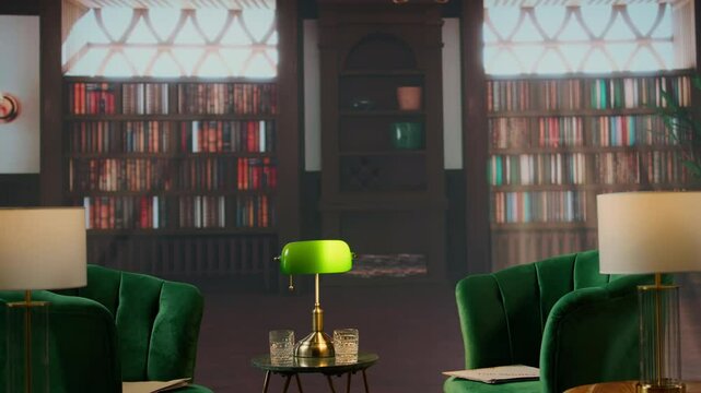 Cozy vintage library with green chairs and whiskey glasses create a classy setting, surrounded by wood bookshelves and warm light. Atmosphere of heritage, tradition and aristocracy.