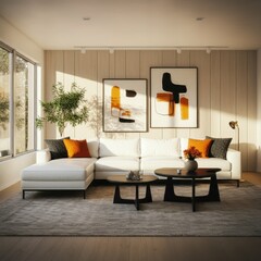 Obraz premium modern living room, white walls, large window, city view, L-shaped white sofa, orange and black throw pillows, round wooden coffee table, abstract art on wall, potted plant, warm lighting, minimalist 