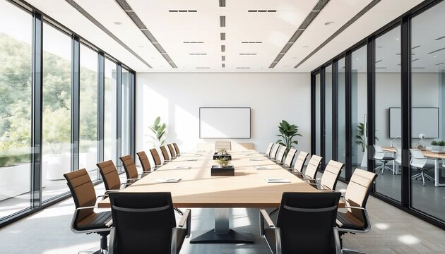 Modern Light Filled Conference Room with Large Windows and Wooden Table