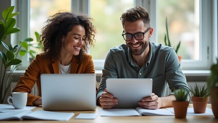 Two smiling colleagues working together on a laptop and tablet, conveying teamwork and a positive work environment, suitable for corporate websites, social media, or marketing materials,