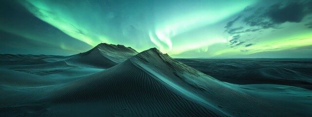 An extraordinary perspective of a high-altitude desert plateau with surreal, sculpted sand dunes and a rare, vivid aurora borealis casting a celestial glow over the arid landscape