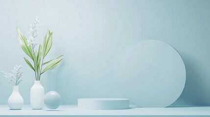 Minimalist pastel blue scene with flowers and vases
