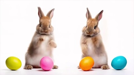 Pair of playful rabbits standing next to vibrant Easter eggs. Bright festive Easter theme on a clean white background.