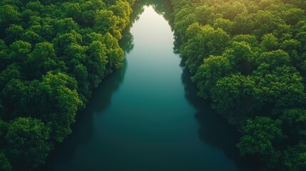 Serene Aerial View of a Lush Green Forest with a Tranquil River Flowing Through It: A Breathtaking Landscape Photography