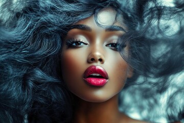 Fototapeta premium Long trim - gorgeous bush hair. Lovely very astounded black girl - for ads, poster and online promotion promotion use. Commercial digital ads layout. Afro-american beauty advertising concepts.